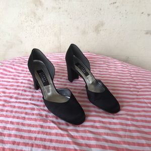 Stuart Weitzman Black Satin Block Heel Pumps